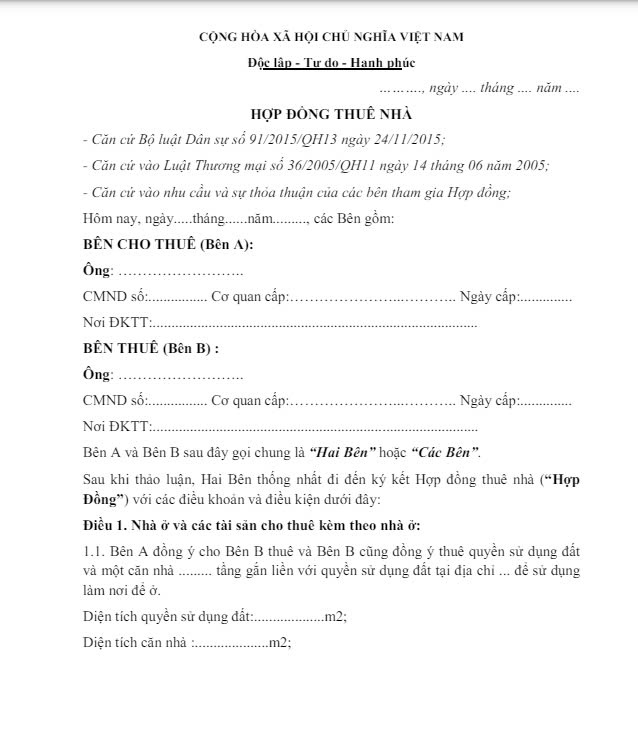 Hợp đồng thuê nhà kinh doanh